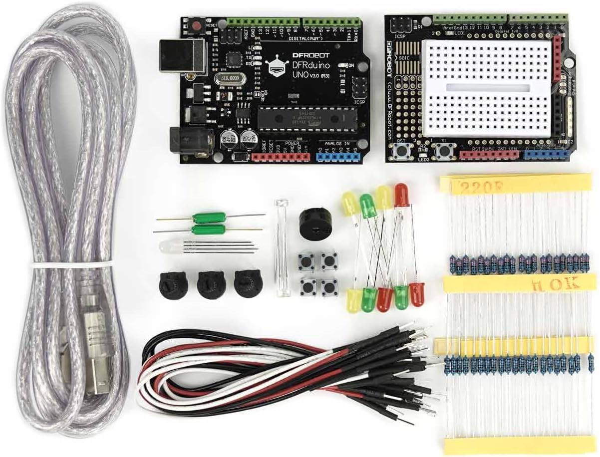 DFRobot Basic Electronics Starter Kit for Beginners - with UNO R3 Board, Compatible with Arduino IDE, 83 Labeled Components & 12 Step-by-Step Tutorials - Frustration-Free for College STEM
