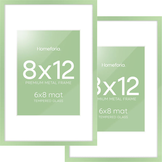Homeforia 8x12 Picture Frame Sage Green, High End Metal 8 x 12 Poster Frames with Mat 6 by 8 Photo, 12x8 Frame Matted to 6x8 inch Art, 8by12 Wall or Tabletop Frames, Tempered Glass, Wall Kit, Set of 2