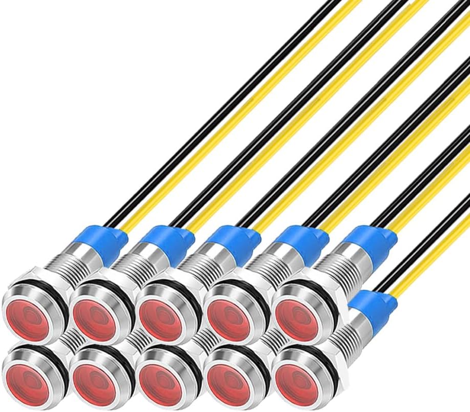 10Pcs 6mm 1/4" LED Metal Indicator Light 110V-220V/AC Waterproof Signal Lamp (Red)