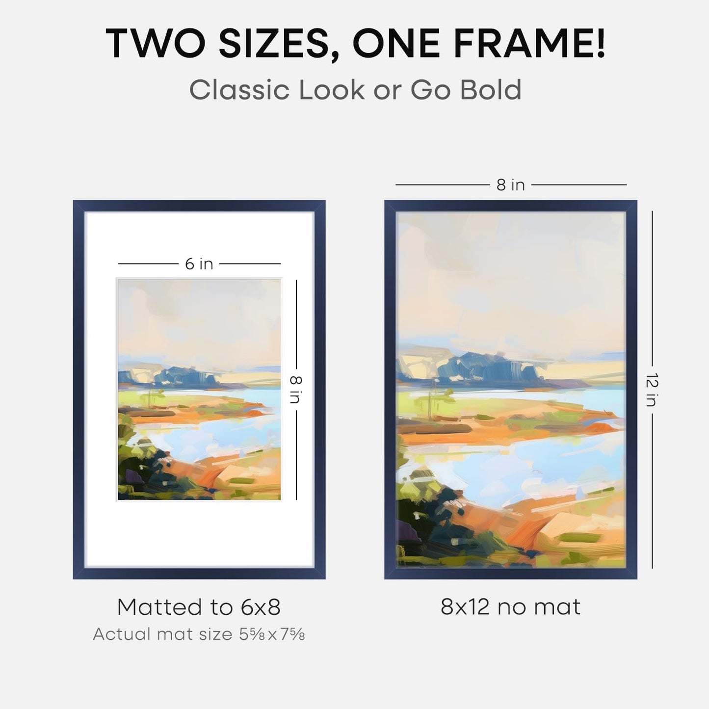 Homeforia 8x12 Picture Frame Navy Blue, High End Metal 8 x 12 Poster Frames with Mat 6 by 8 Photo, 12x8 Frame Matted to 6x8 inch Print, 8by12 Wall or Tabletop Frame, Tempered Glass, Wall Kit, Set of 1