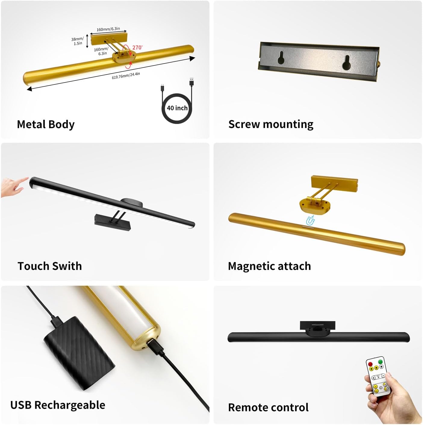 24.4" Wireless Picture Lights, Rechargeable Battery Art Display Light with Remote Control, Dimmable/Timer Off Dartboard Light, 3 Lighting Modes Full Metal Painting Display Lights (Black-1Pack)