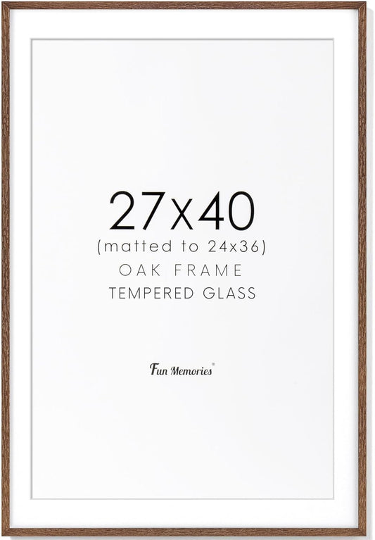 27x40 Picture Frame, Solid Oak Wood 27x40 Poster Frame for Wall, 27 x 40 Frame with Tempered Real Glass, 27x40 Frame with Mat for 24x36, Rustic Wooden 27x40 Art Frame, Walnut Color