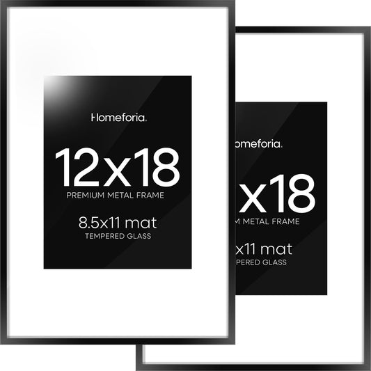Homeforia 12x18 Picture Frame Black, High End Metal 12x18 Poster Frames with Mat 8.5x11 Photo, 12 x 18 Black Frames Matted to 8.5 by 11 inch Print, 18x12 Thin Frame, Tempered Glass, Wall Kit, Set of 2