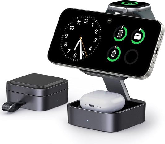 3 in 1 Wireless Charging Station for Apple Devices, Magnetic Foldable Travel Fast Charger Stand Compatible with MagSafe for iPhone Air/17/16/15/14/13/12 Series, Apple Watch & AirPods Pro/4/3/2-Black