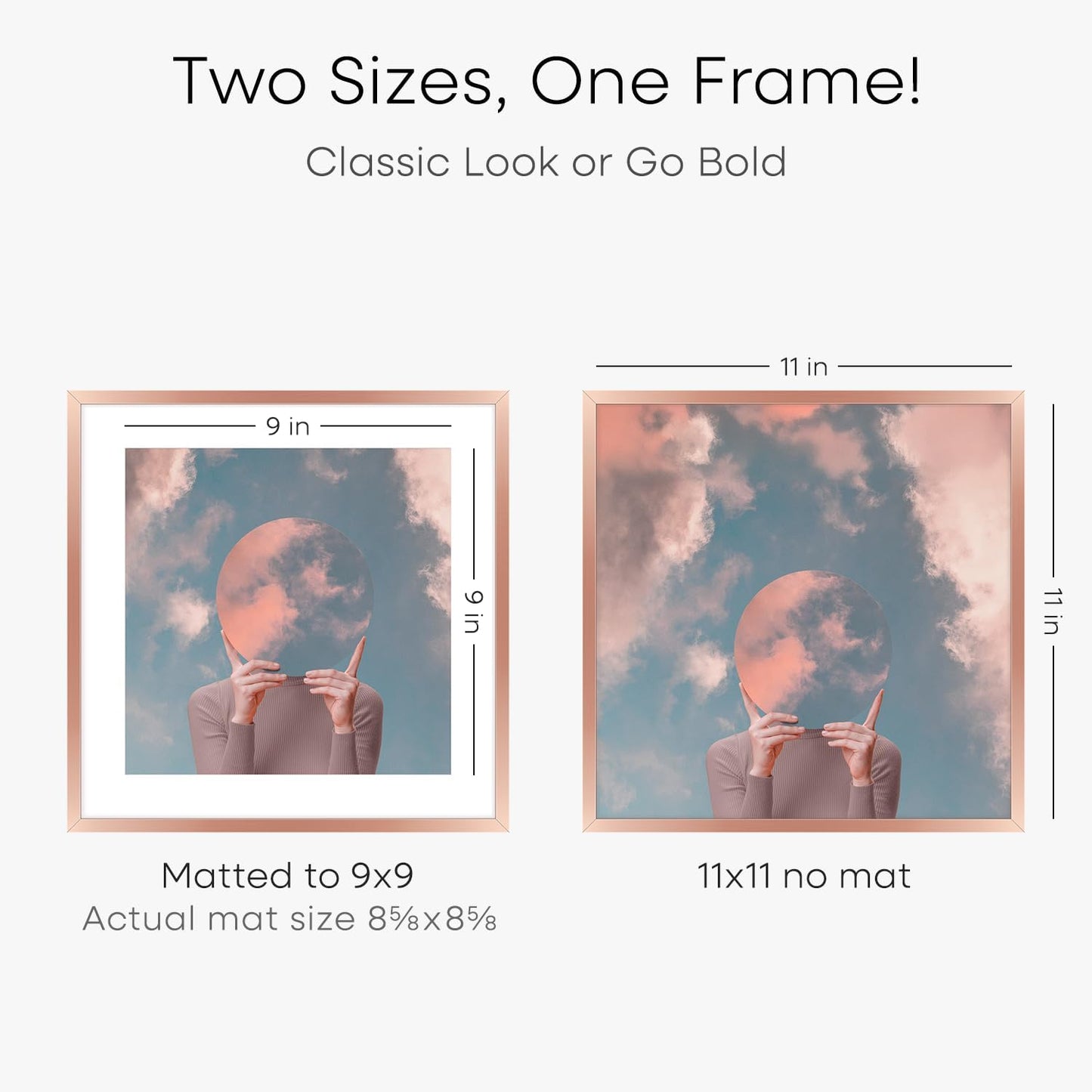 Homeforia 11x11 Rose Gold Picture Frame, High End Metal 11 by 11 Square Frames with Mat 9 x 9 Photo, 11by11 Poster Frame Matted to 9x9 inch Art, Wall Hanging Frames, Tempered Glass, Wall Kit, Set of 2
