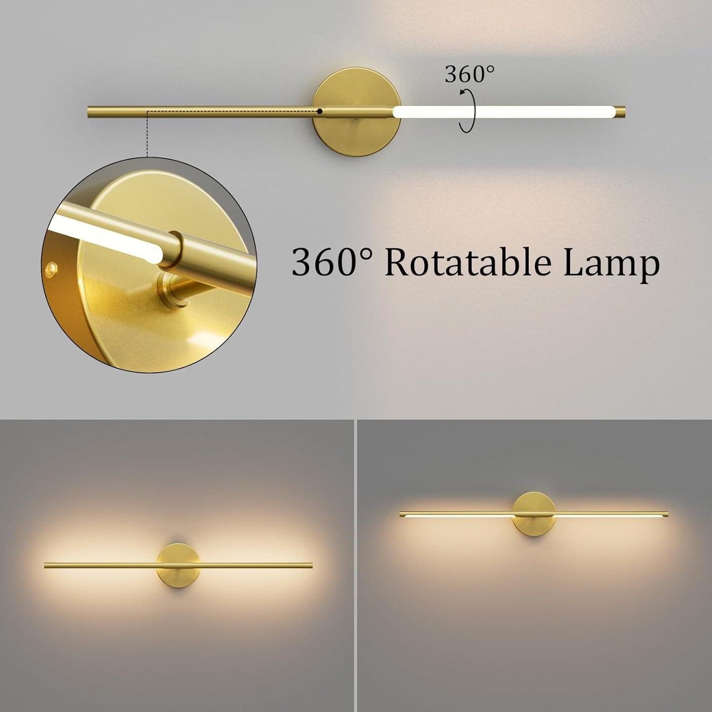 28In Gold Bathroom Vanity Light Fixtures Over Mirror Hardwired ED 360° Rotatable Modern Bathroom Sconces 3000K Warm Light
