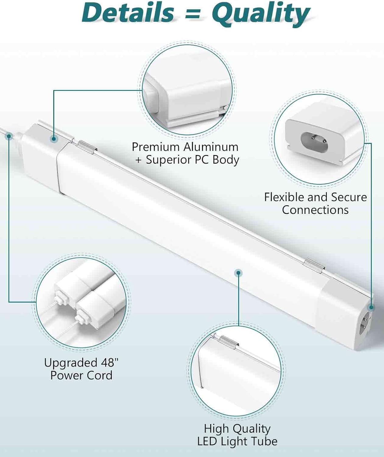 2 Pack Plug-in LED Shop Light, 4FT Tube, IP66 Waterproof and Linkable, 36W With Cord, 5000K Ceiling/Closet, 4000LM Under Cabinet for Room Garage