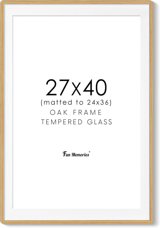27x40 Picture Frame, 27 x 40 Poster Frame - Solid Oak Wood, 27 by 40 Frame with Tempered Glass, 27"x40" Wood Frame with Mat for 24"x36", Minimalist 27x40 Frames for Wall, Natural Oak Color, 1 Pack