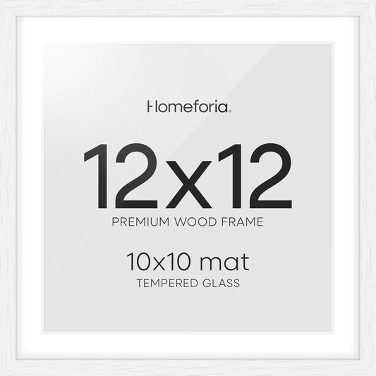 Homeforia 12x12 White Frame Wood, High End Oak 12 x 12 Square Picture Frames with Mat 10 by 10 inches Photo, 12by12 White Wooden Poster Frames Matted to 10x10 Print, Tempered Glass, Wall Kit, Set of 1