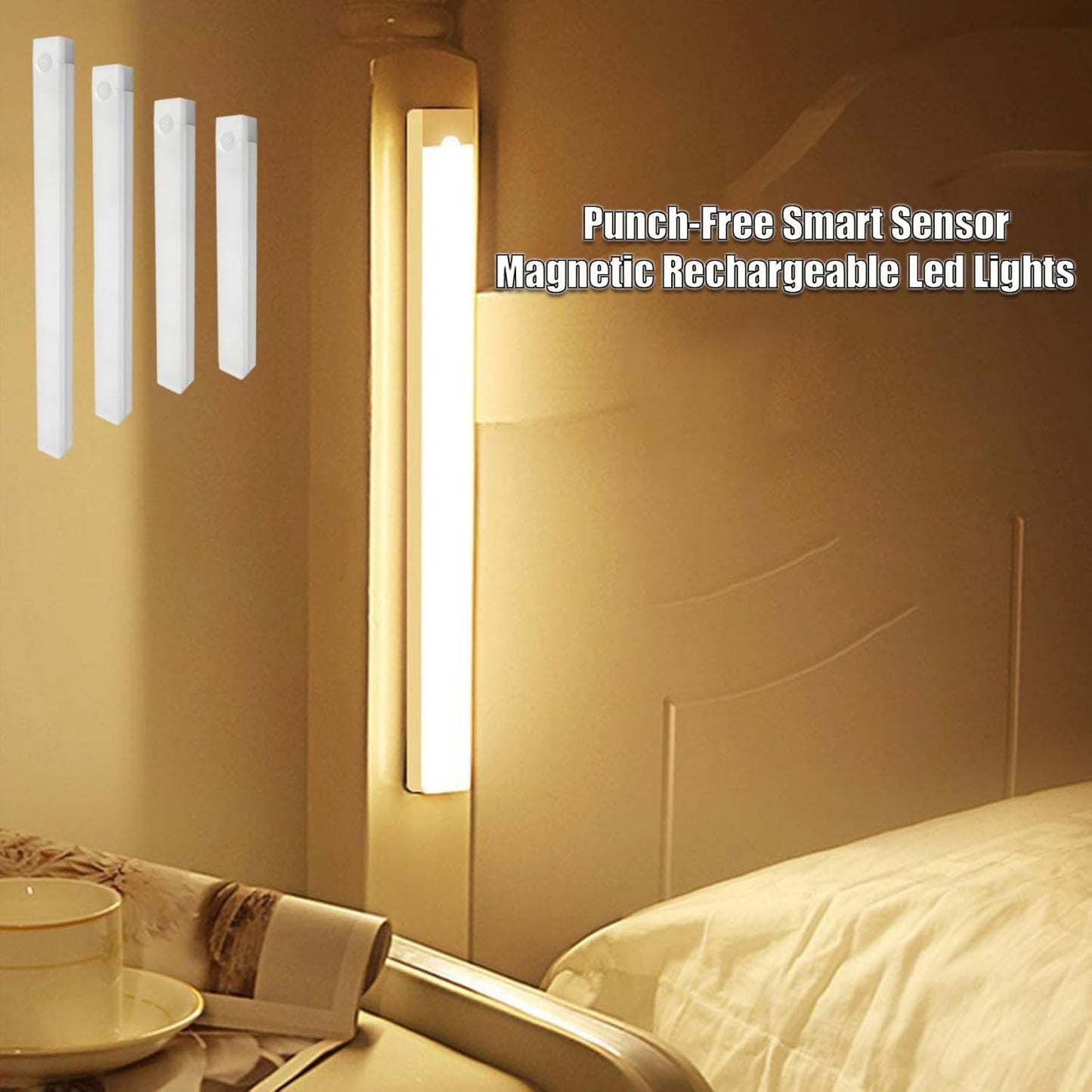 Punch-Free Smart Sensor Magnetic Rechargeable LED Lights, Motion Sensor Light Indoor for Stairs, Wardrobe, Cabinet (4PCS Warm Light,20cm/7.87in)