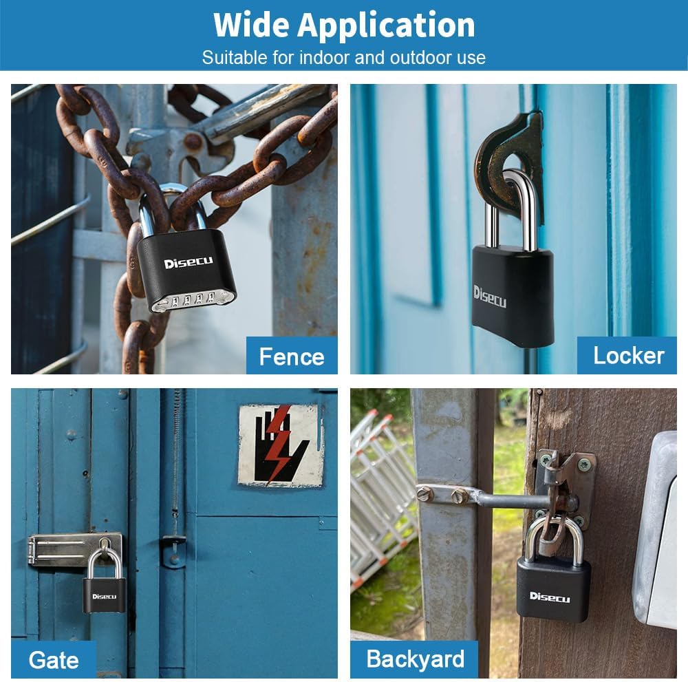 1 Pack disecu Heavy Duty 4 Digit Combination Lock, Anti-Error Feature, Outdoor Waterproof Padlock for School Gym Locker, Fence, Gate, Hasp Storage, Toolbox (Black)