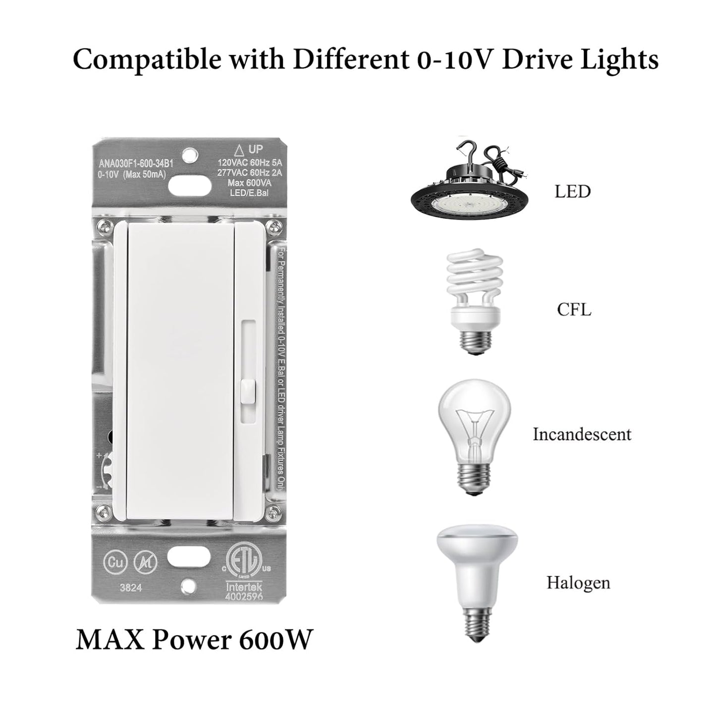 0-10V LED Dimmer Switch for 0-10V Dimmable LED Lights, Single-Pole or 3-Way, Wallplate Included, ETL Listed
