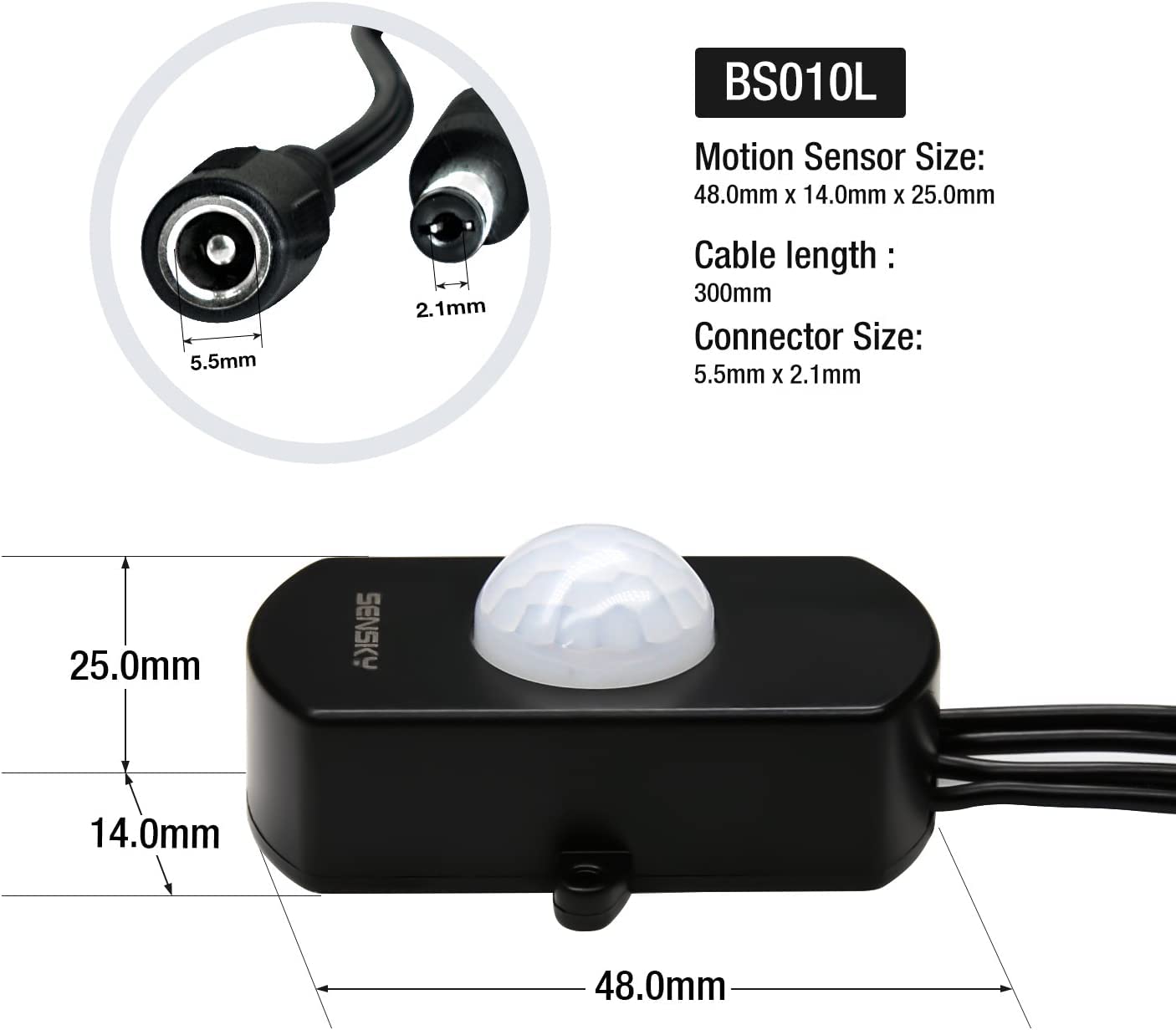 2 Pack Sensky PIR Motion Activated Sensor Switch,DC 12V~30V 3A Occupancy Sensor Switch with DC Coupler Cable for Kitchen Cabinet, Pantry, Closet led Lighting (BS010L)