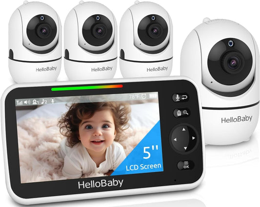 HelloBaby 5" Screen Baby Monitor with 4 Cameras - No WiFi HB6550 Video Baby Monitor, Pan-Tilt-Zoom, 26 Hour Battery, ECO, Night Vision, Temperature Sensor & 2-Way Audio, 8 Lullabies, 1000ft Long Range