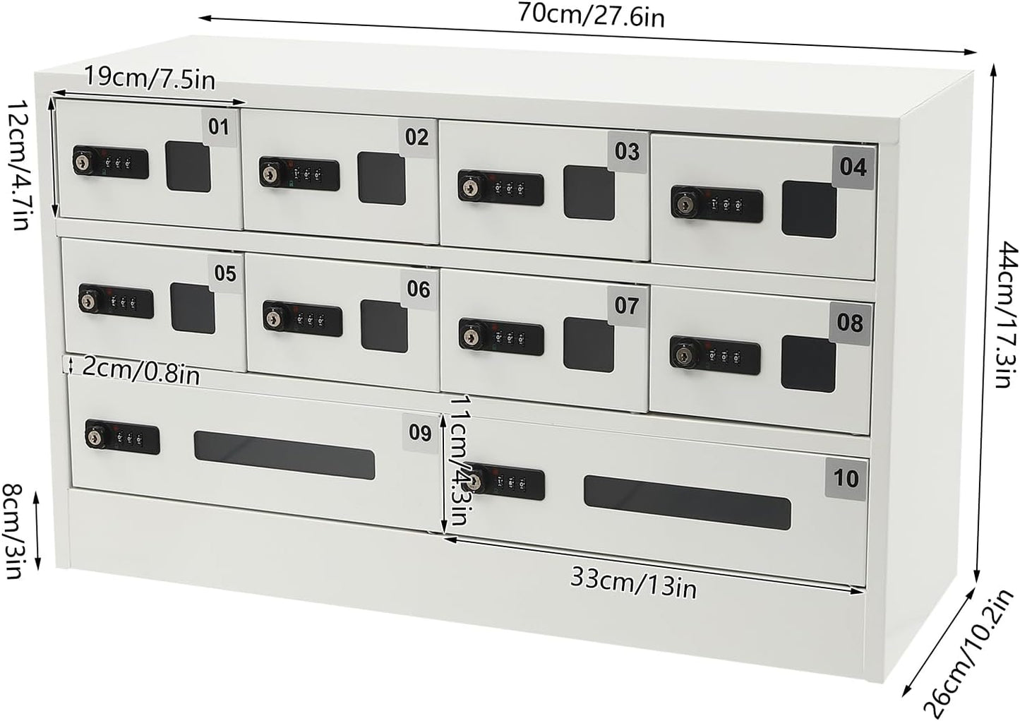 10 Slots Cell Mobile Phone Steel Locker with Combination Lock, Cellphone Charging Station with 3 in 1 Charging Ports for Most Phones, Cellphone Locker for Schools, Conference Rooms, and Offices