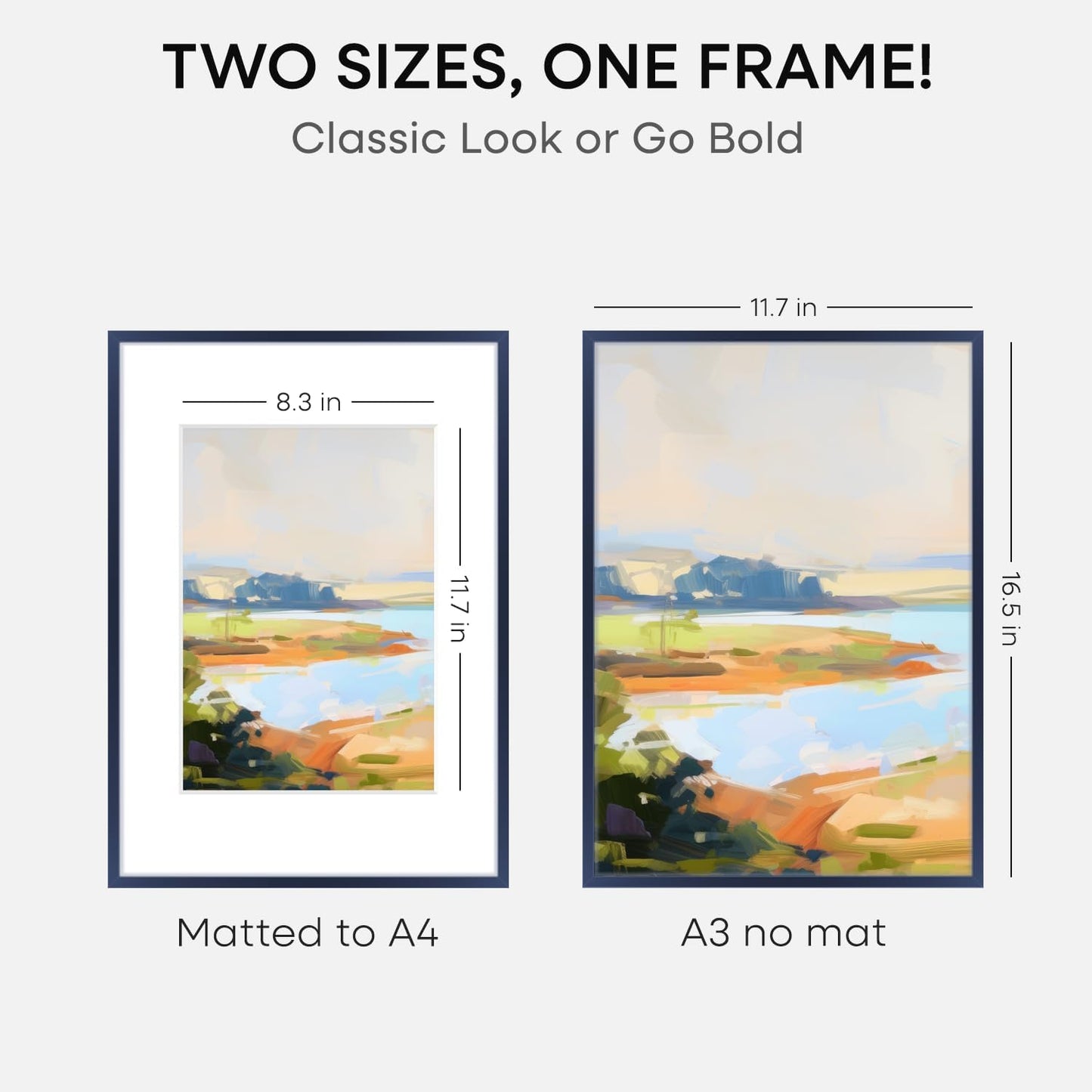 Homeforia A3 Picture Frame Navy Blue, High End Metal 11.7 x 16.5 inch Poster Frames with Mat 8.3 by 11.7 for Photo, A3 Size Frames Matted to A4 Print, 11.7x16.5 Hanging Frame, Tempered Glass, Set of 1