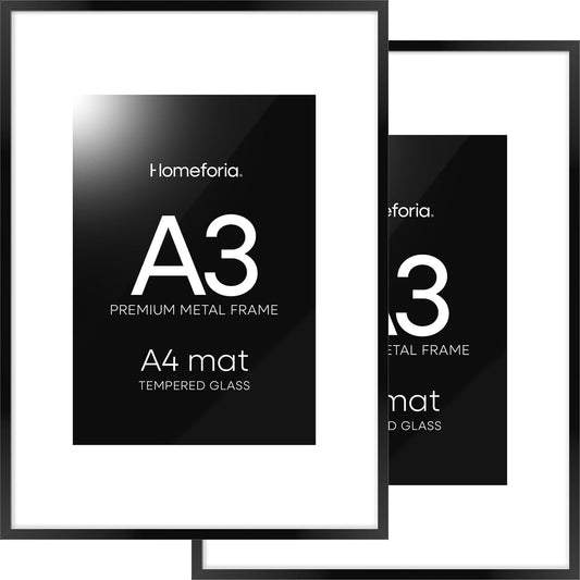 Homeforia A3 Picture Frame Black, High End Metal 11.7 x 16.5 inch Poster Frames with Mat 8.3 x 11.7 for Photo, A3 Size Frames Matted to A4 Print, 11.7x16.5 Wall Hanging Frame, Tempered Glass, Set of 2
