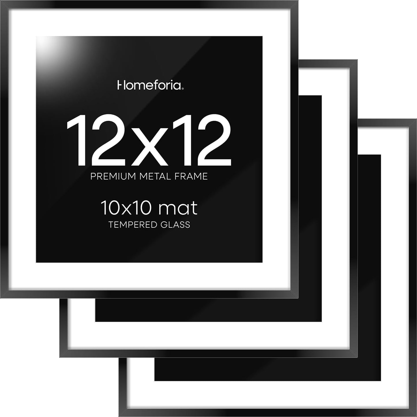 Homeforia Black 12x12 Picture Frames, High End Metal 12 x 12 Square Poster Frame with Mat 10 x 10 Photo, 12x12 Black Frame Matted to 10x10 Print, 12by12 Thin Frames, Tempered Glass, Wall Kit, Set of 3