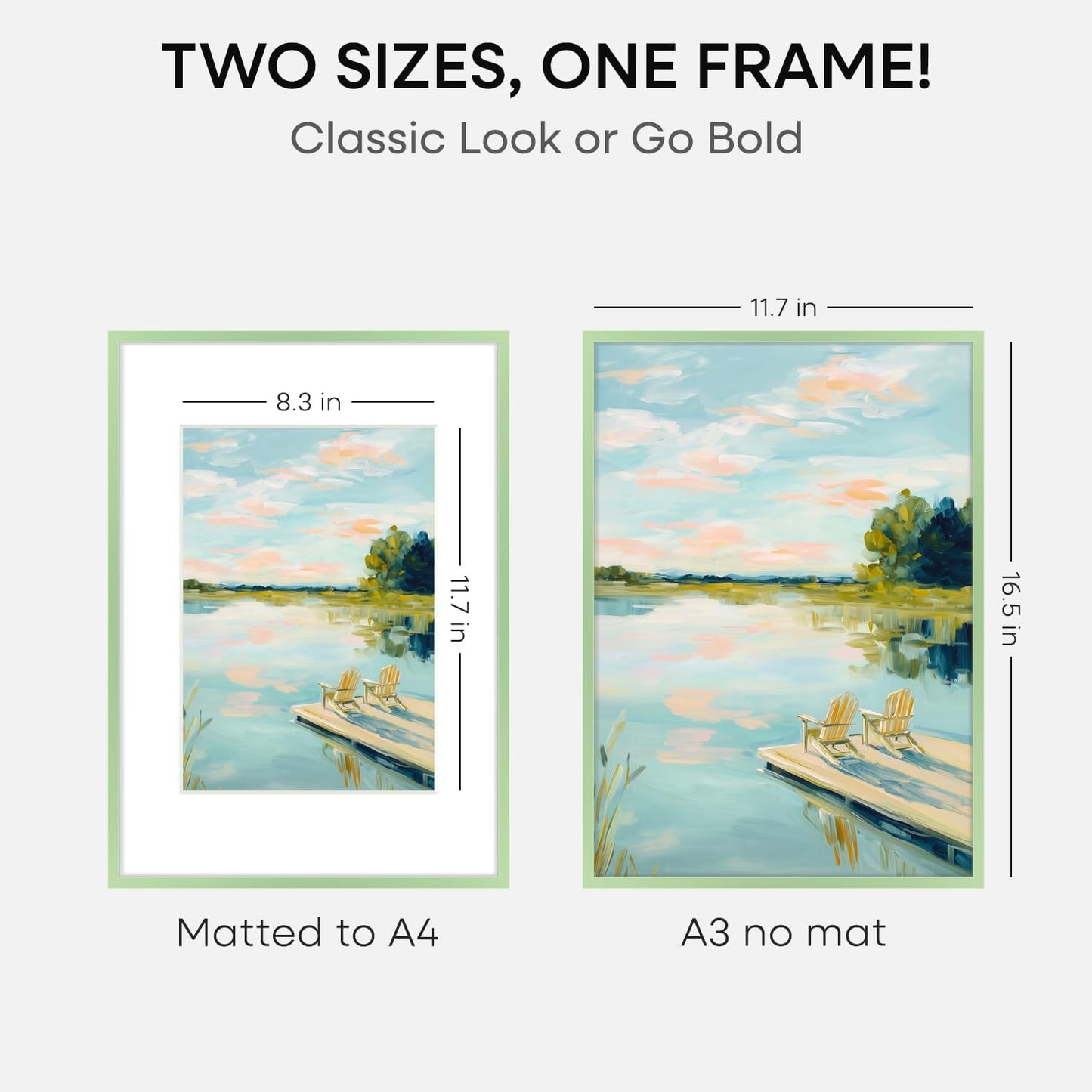Homeforia A3 Picture Frame Sage Green, High End Metal 11.7 x 16.5 inch Poster Frames with Mat 8.3 by 11.7 for Photo, A3 Size Frame Matted to A4 Print, 11.7x16.5 Hanging Frame, Tempered Glass, Set of 2