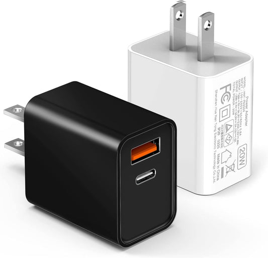 2-Pack Type C Charger Adapter, 20W Multiport Fast Charge Power Brick Cube for iPhone 16/17, iPad, iPod, Samsung Galaxy, Motorola, PS5, Huawei, HTC, LG, Nokia, QC+PD 3.0 USBA Box Wall Plug