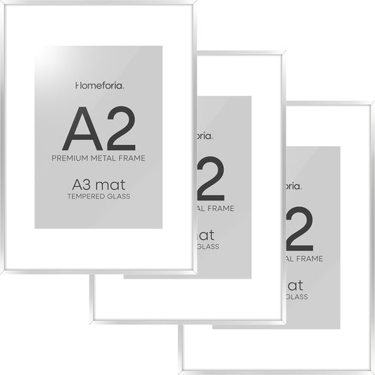 Homeforia A2 Poster Frame Silver, High End Metal A2 Picture Frames Silver with Mat A3 Print, 16.5x23.4 Frames Matted to 11.7x16.5 Photo, 16.5 by 23.5 Hanging Frames, Tempered Glass, Wall Kit, Set of 3