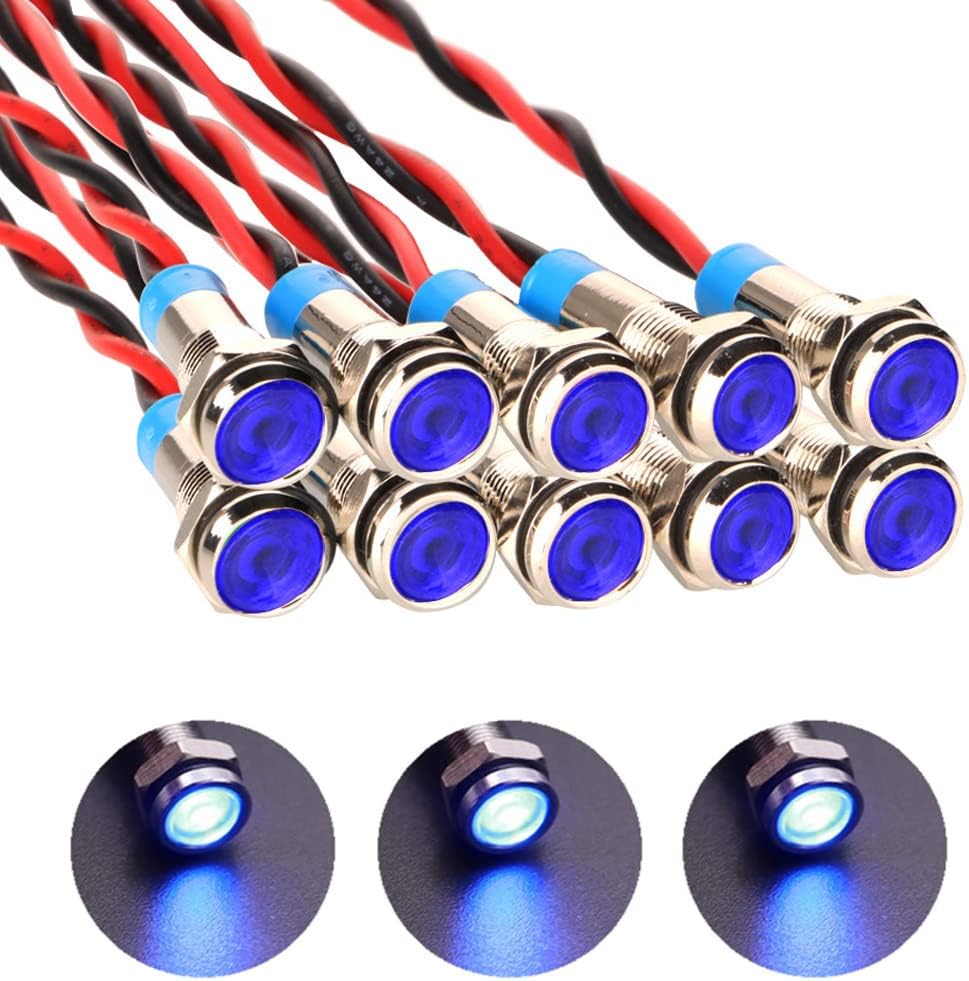 10pcs 6mm Waterproof Wired LED Indicator Light AC/DC 12-24V (Blue)