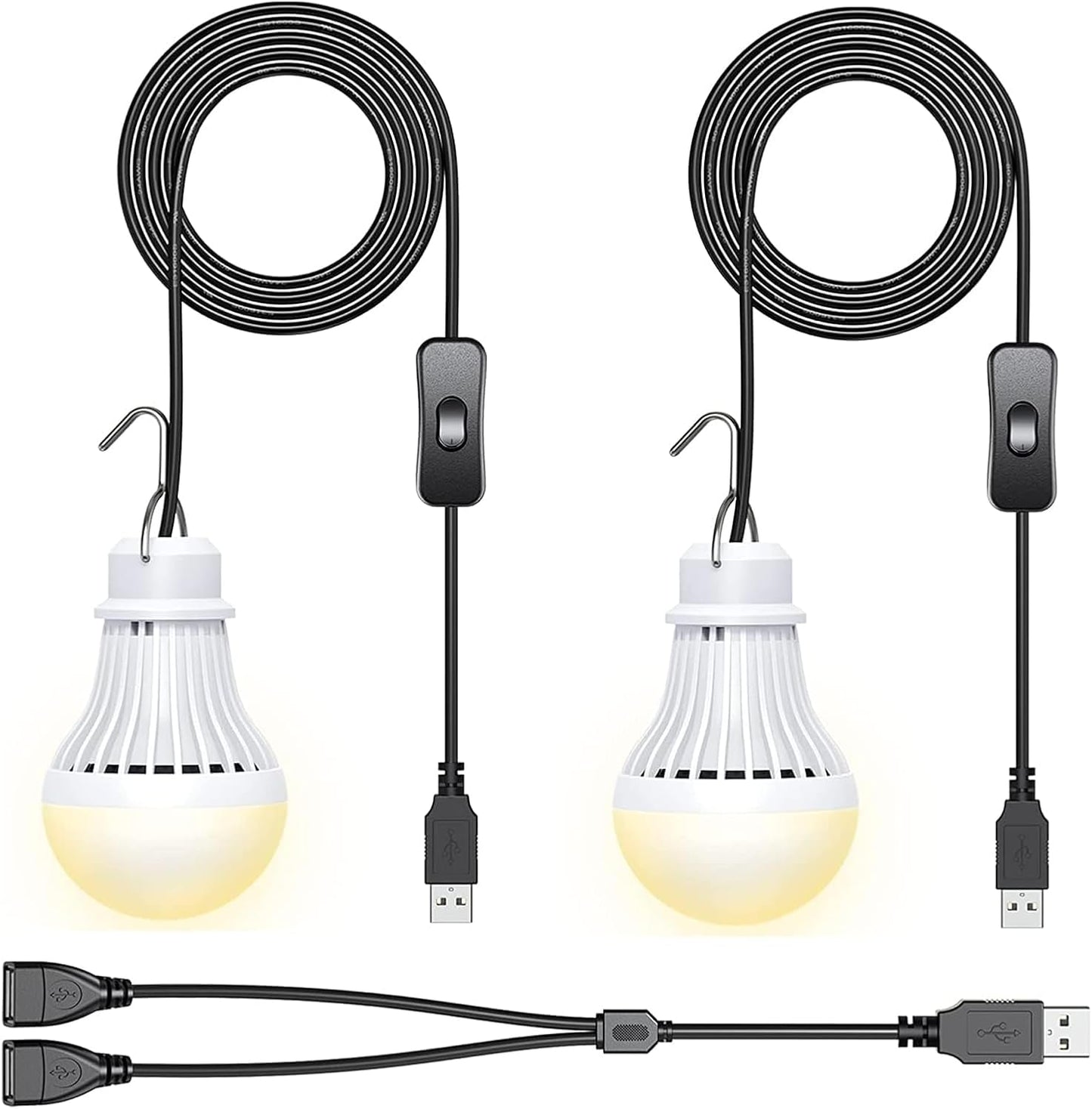 2 Pack USB LED Camping Lantern, 8.2 ft Extra Length Cord Tent Light with USB Y-Cable, Portable LED Bulb for Garage, Warehouse, Car, Truck, Fishing Boat, Room, Emergency Light, Warm