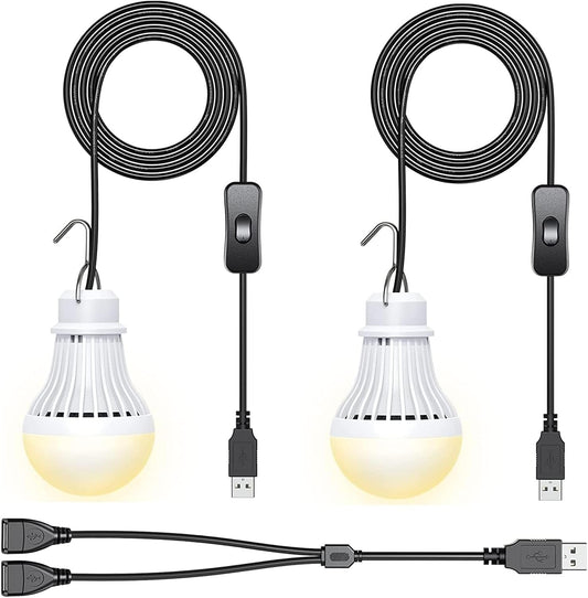 2 Pack USB LED Camping Lantern, 8.2 ft Extra Length Cord Tent Light with USB Y-Cable, Portable LED Bulb for Garage, Warehouse, Car, Truck, Fishing Boat, Room, Emergency Light, Warm