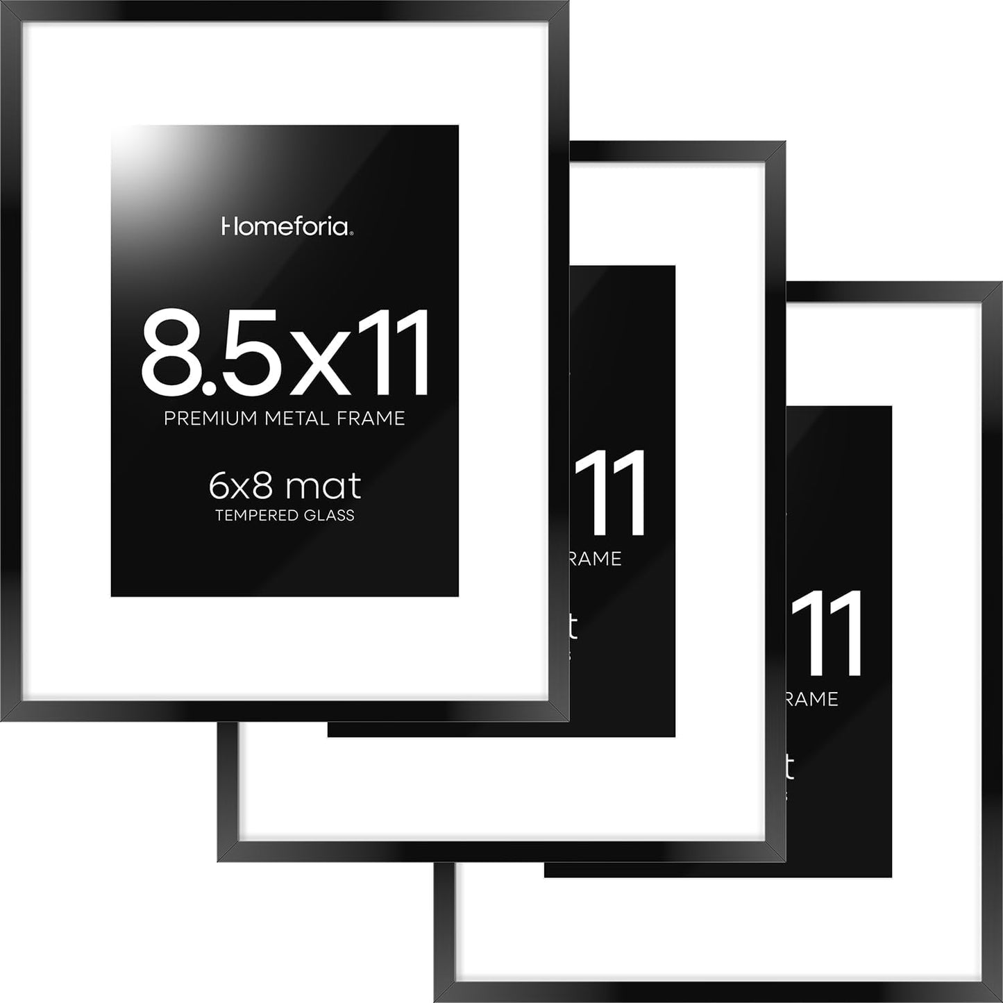 Homeforia Black Picture Frame 8.5 x 11, High End Metal 8.5x11 Poster Frames with Mat 6x8 Photo, 8.5 x 11 Frame Matted to 6 by 8 Art, 8.5by11 Wall or Tabletop Frames, Tempered Glass, Wall Kit, Set of 3