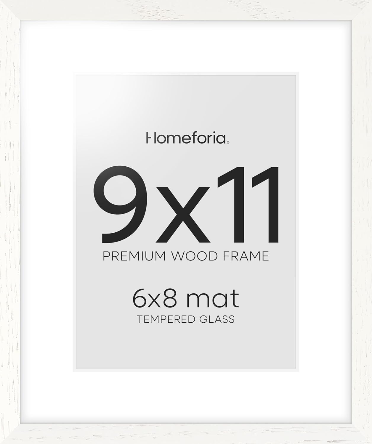 Homeforia 9x11 Frame White Wood, High End Oak 9 x 11 Picture Frames with Mat 6 by 8 Print, 9by11 White Wooden Frame Matted to 6x8 inch Photo, Wall or Tabletop Frames, Tempered Glass, Wall Kit, Set of 1