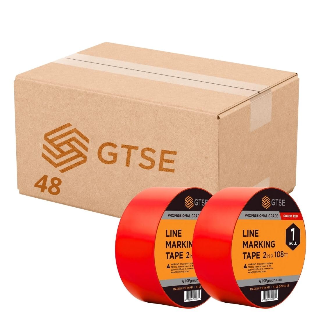 GTSE 2 inch x 108 ft Red PVC Vinyl Floor Tape, 48 Rolls, Safety Marking Tape, 6 mil Thick, Suitable for Dance Floors, Gyms, Warehouses, Sports Facilities