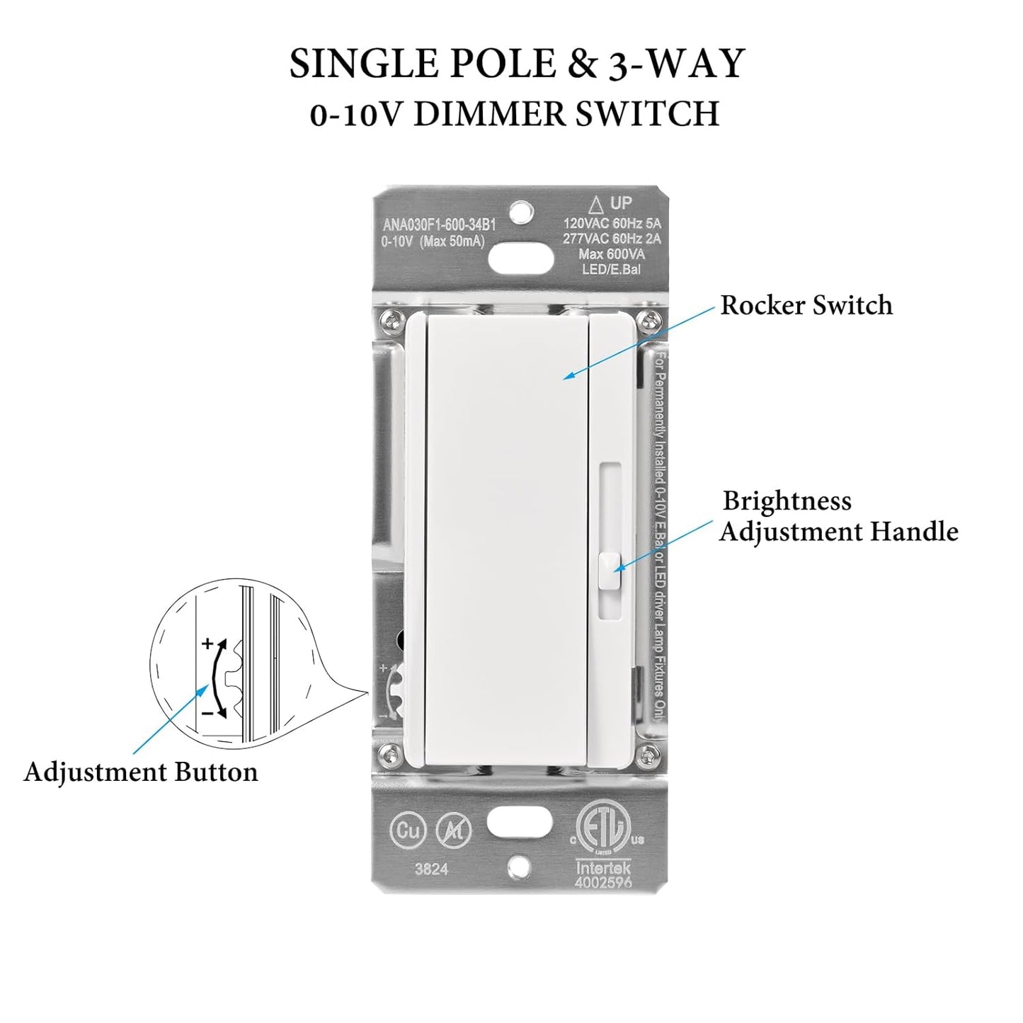 0-10V LED Dimmer Switch for 0-10V Dimmable LED Lights, Single-Pole or 3-Way, Wallplate Included, ETL Listed