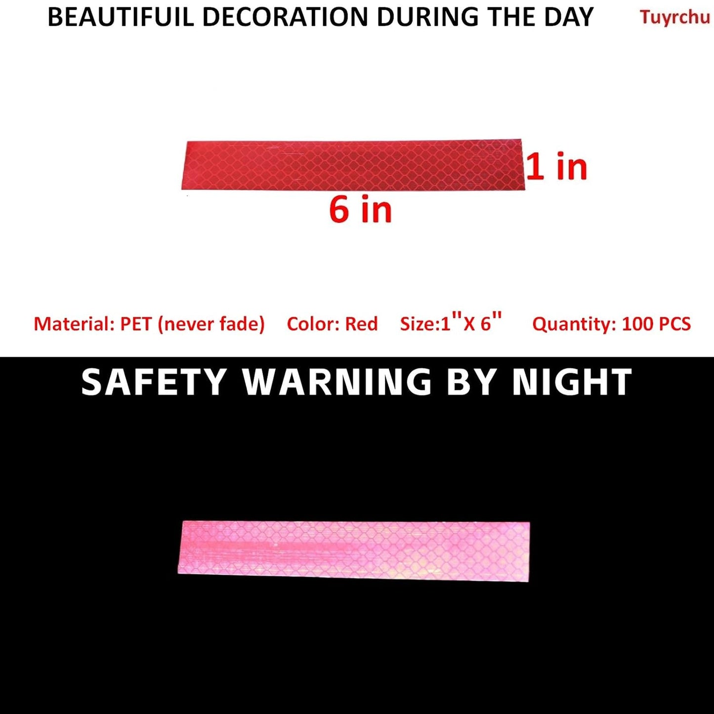 Non Fading Red Reflective Stickers 1 inch X 6 inch, Outdoor Waterproof High Visibility Warning Safety Adhesive Reflector Tape (100 Pcs)