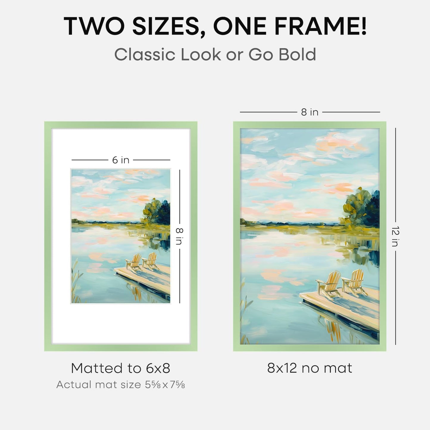 Homeforia 8x12 Picture Frame Sage Green, High End Metal 8 x 12 Poster Frames with Mat 6 by 8 Photo, 12x8 Frame Matted to 6x8 inch Art, 8by12 Wall or Tabletop Frames, Tempered Glass, Wall Kit, Set of 2