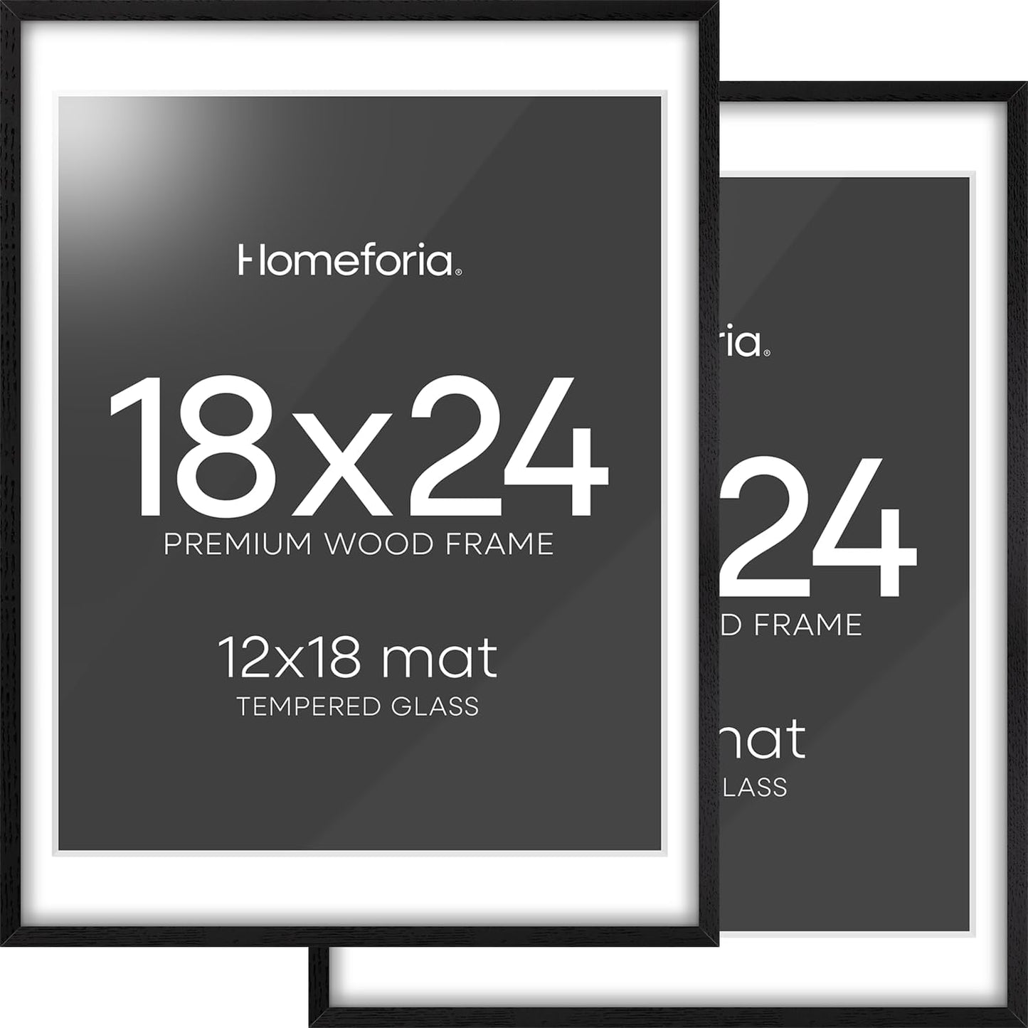 Homeforia Black Wooden Frame 18x24, High End Oak 18x24 Wood Picture Frames with Mat 16x20 Photo, 18 x 24 Poster Frame Matted to 16 by 20 Print, 24x18 Hanging Frames, Tempered Glass, Wall Kit, Set of 2