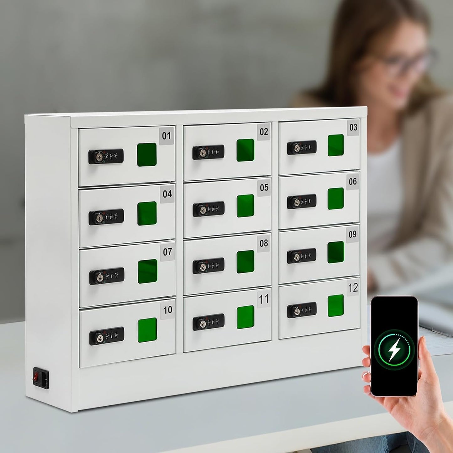 16-Unit Cellphone Charging Cabinet - Mobile Phone Charging Storage Cabinet, Combination Lock Smartphone Lockbox with QC3.0 Fast Charging & View Window for Classroom, Library, and Office (White)