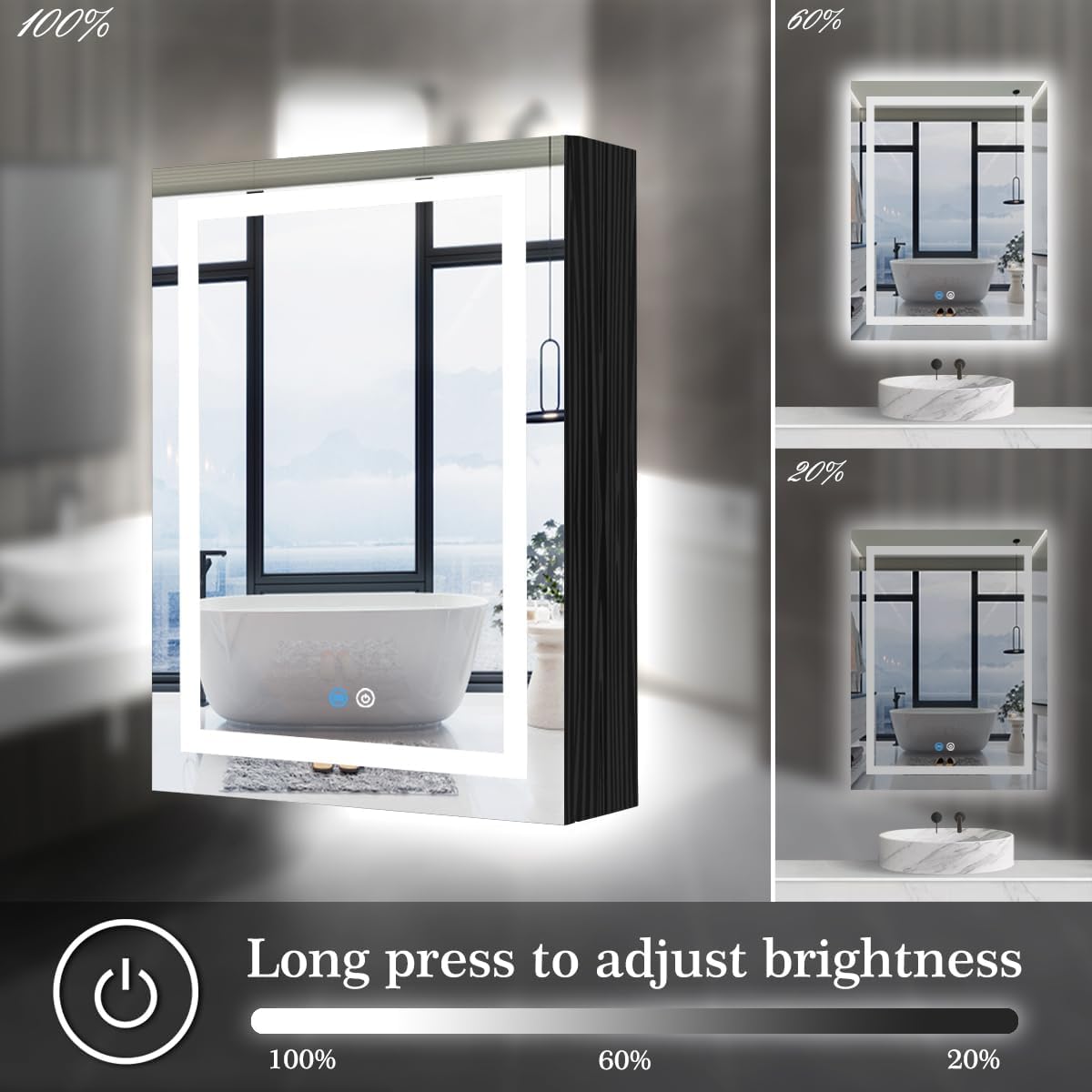 20 x 30 Inch Black Wood Led Medicine Cabinet Mirror with Lights Storage Wooden Cabinets Smart Memory 3 Color Dimmable AntiFog 30" Bathroom Lighted Medicine Cabinet with Mirror and LED Light