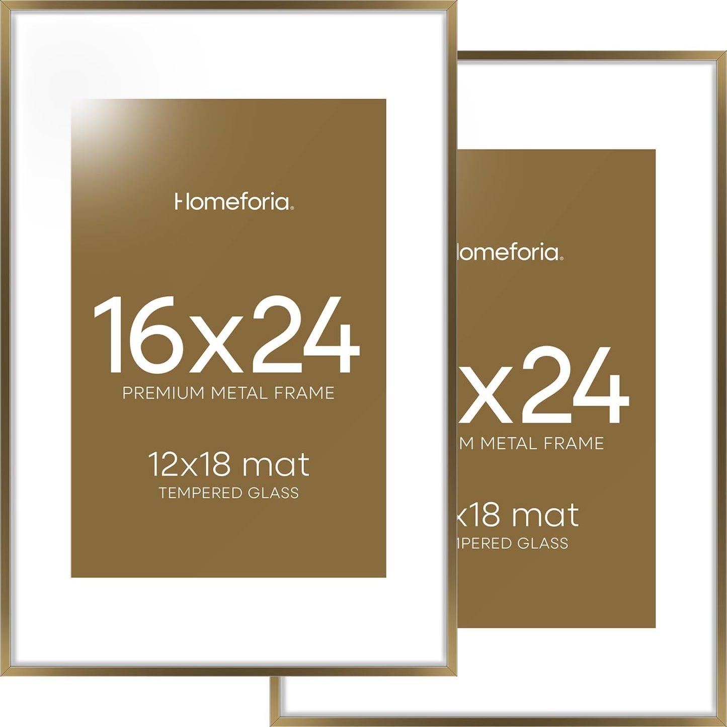 Homeforia 16 x 24 Bronze Frame, High End Metal 16x24 Brass Picture Frames with Mat 12x18 Photo, 16 x 24 Poster Frames Matted to 12 by 18 Print, 24x16 Hanging Frames, Tempered Glass, Wall Kit, Set of 2