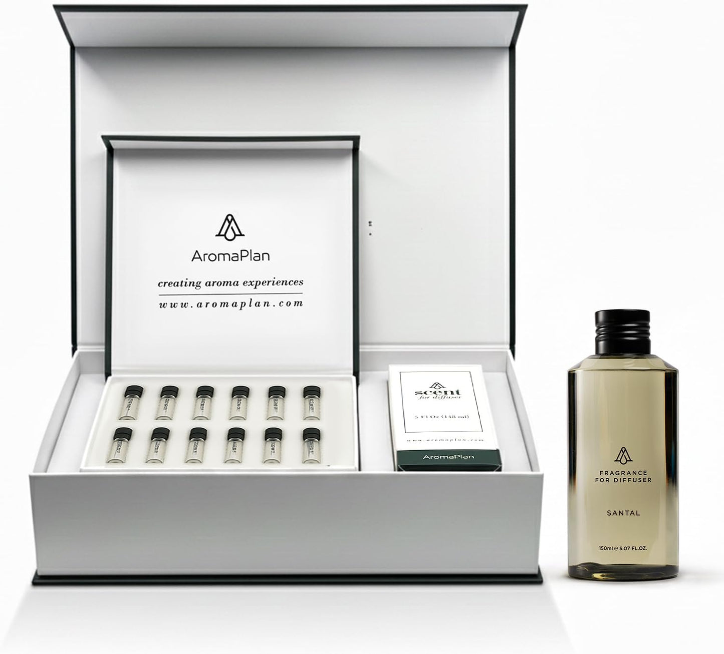 AromaPlan Hotel Scents Santal 5 Fl Oz (148ml) & Sample Set with Top 12 Fragrances -Home Luxury Aroma & Hotel Fragrance Diffuser Oil for Aromatherapy, USA Made