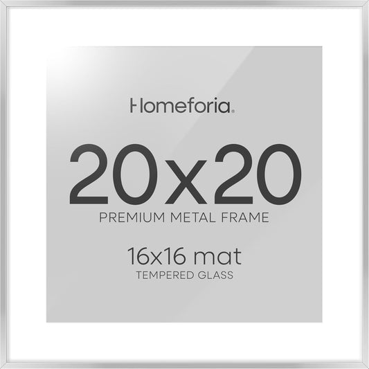 Homeforia 20x20 Silver Picture Frame, High End Metal 20 x 20 Square Frame with Mat 16 x 16 Photo, 20x20 Poster Frames Matted to 16x16 Print, 20 by 20 Hanging Frames, Tempered Glass, Wall Kit, Set of 1
