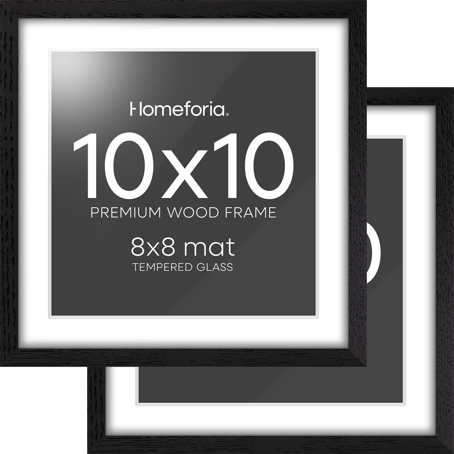 Homeforia 10x10 Picture Frame Black Wood, High-End Oak 10 x 10 Square Frames with Mat 8 by 8 Photo, 10by10 Wooden Frame Matted to 8x8 Print, Wall or Tabletop Frames, Tempered Glass, Wall Kit, Set of 2