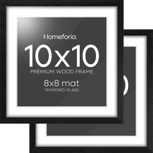 Homeforia 10x10 Picture Frame Black Wood, High-End Oak 10 x 10 Square Frames with Mat 8 by 8 Photo, 10by10 Wooden Frame Matted to 8x8 Print, Wall or Tabletop Frames, Tempered Glass, Wall Kit, Set of 2