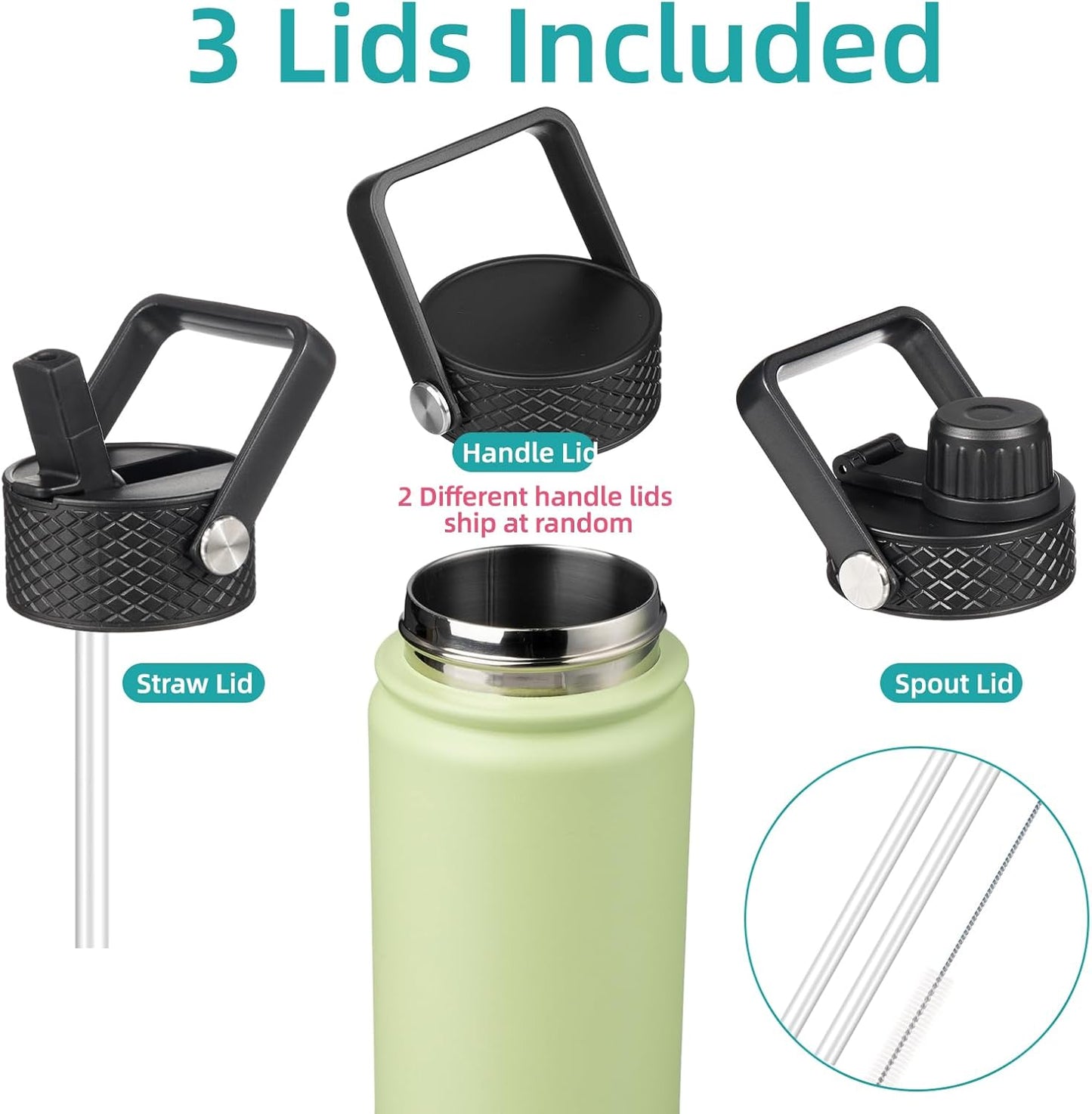 18 oz Insulated Water Bottle Stainless Steel Sport Bottles with 3 Lids,Macaron Green