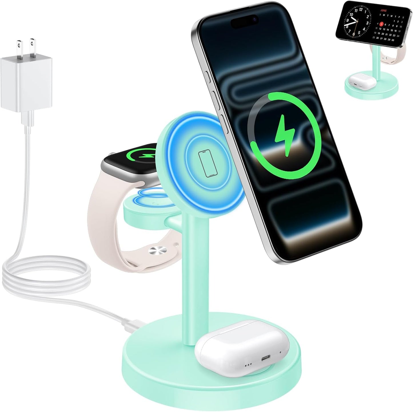 2025 3 in 1 Wireless Charging Station Compatible with MagSafe, 15W Fast Magnetic Mag-Safe Charger Stand for Apple iPhone 17 16 15 14 13 12 iWatch AirPods Pro 4 3 2, LightGreen