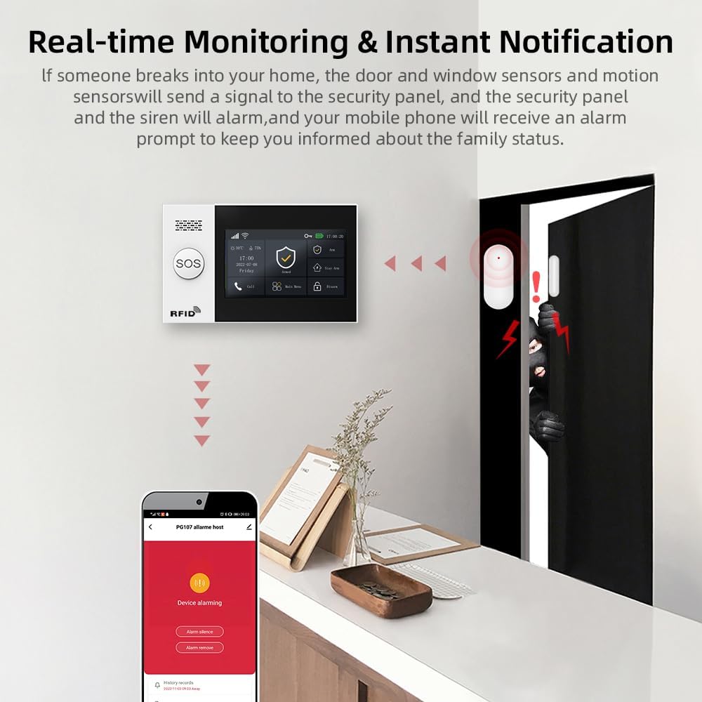 Home Security Alarm System,DIY Wireless WiFi Alarm System (Motion Detector, Door Window Sensor, Remote Control, Siren), Compatible with Alexa and Google for House, Apartment
