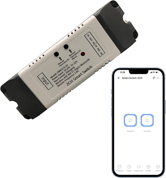 2 Channel EWelink Wireless Switch with Enclosure WiFi Switch Module Remote Control DIY Smart Home Bluetooth Relay 7-32V Power Input Compatible with Alexa Google Home