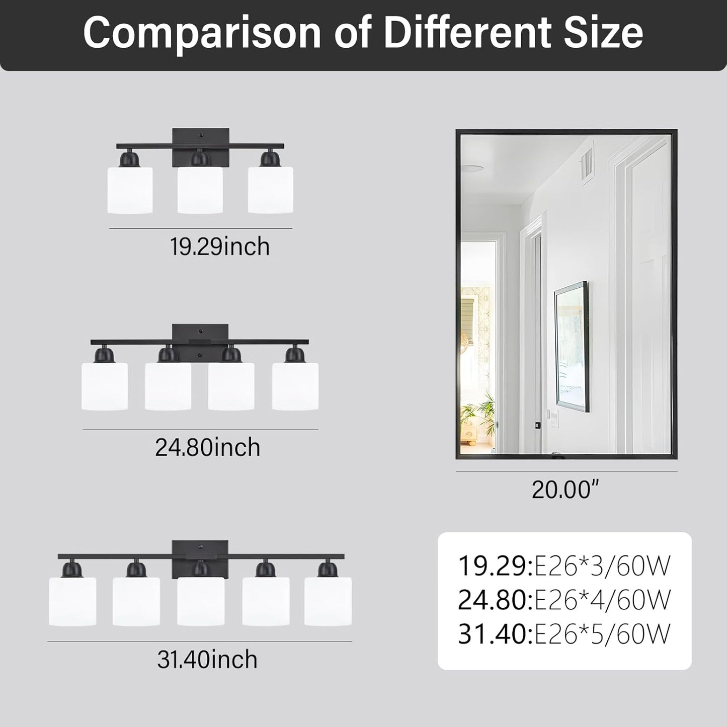 4-Light Black Bathroom Vanity Light, Light Fixtures with Milky White Frosted Glass Shades, Black Vanity Light for Bathroom Mirror, Bedroom, Living Room, Vanity Table, E26 Base