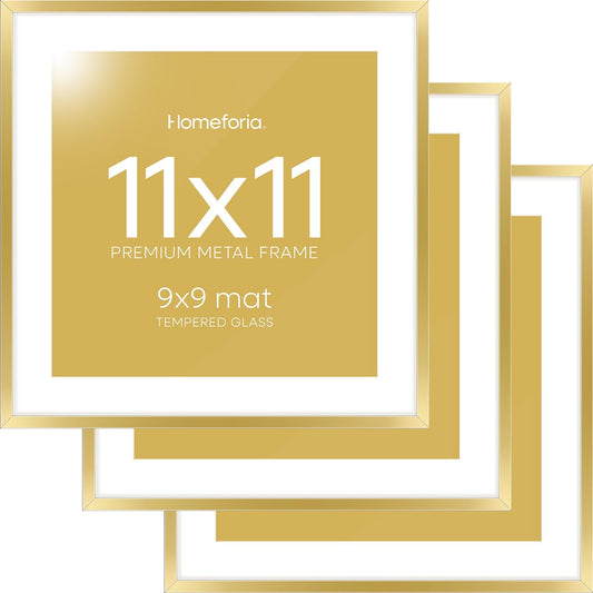 Homeforia 11x11 Picture Frame Gold, High End Metal 11 by 11 Square Frames with Mat 9 x 9 Photo, 11by11 Thin Poster Frame Matted to 9x9 inch Art, Wall Hanging Frames, Tempered Glass, Wall Kit, Set of 3