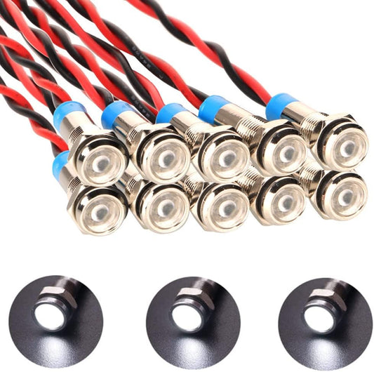 10pcs 6mm 1/4" AC/DC 12-24V LED Metal Indicator Light Pilot Dash Directional with Wire Waterproof Signal Lamp(White)