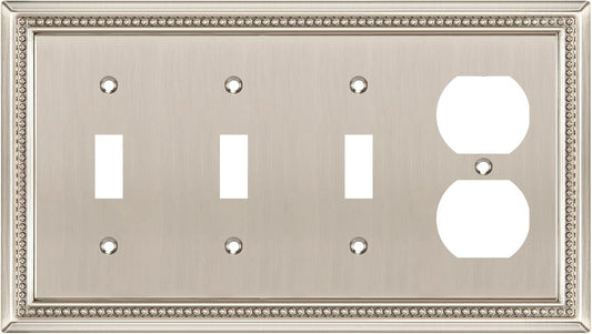 Henne Bery Sunken Pearls Heavy Duty Decorative Wall Plate Switch Plate Outlet Cover (Triple Toggle/Single Duplex, Satin Nickel)